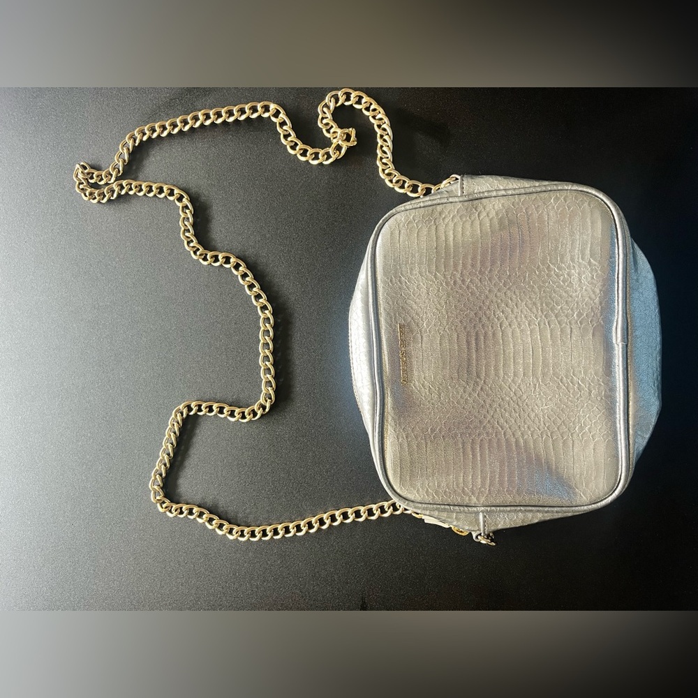 Victorias Secret Silver Zip Up Hand Bag With Heavy Gold Chain Handle
